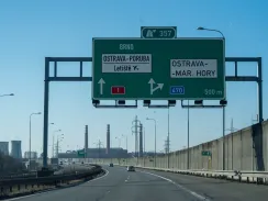 Direction sign on the D1 toll motorway near exit 357 showing directions to Brno, Ostrava-Poruba and Ostrava-Mariánské Hory, captured on February 28, 2026