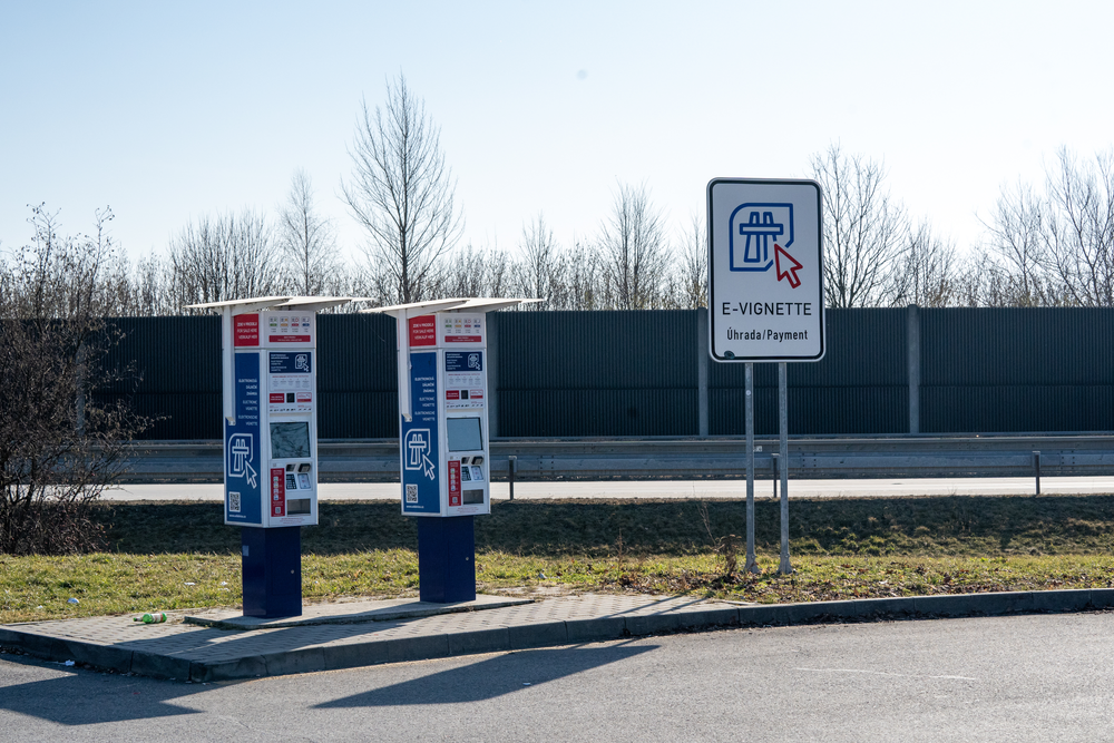 Two Czech e-vignette self-service payment machines with Úhrada/Payment sign at the D1 motorway near Antošovice-Šilheřovice