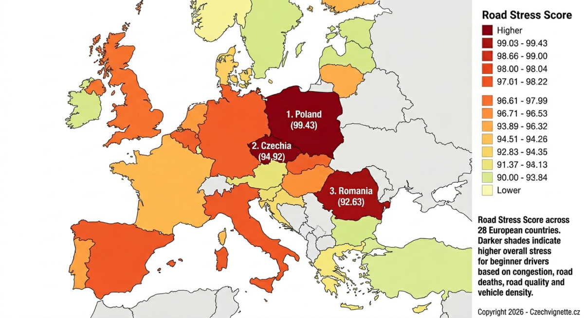 Map of Europe colour-coded by Road Stress Score, with Poland, Czechia and Romania highlighted as the top 3 most stressful countries for beginner drivers