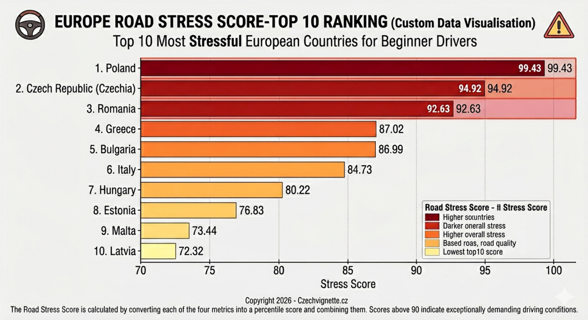 Horizontal bar chart ranking the top 10 most stressful European countries for beginner drivers, with Poland at 99.43 and Latvia at 72.32